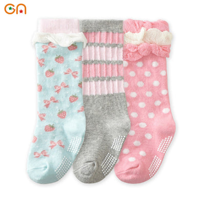 (3 Pairs) Cotton Non-Slip long Socks for 0 ~ 2 years babys