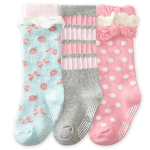 (3 Pairs) Cotton Non-Slip long Socks for 0 ~ 2 years babys